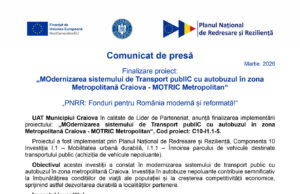Finalizare proiect: „MOdernizarea sistemului de Transport publIC cu autobuzul în zona Metropolitană Craiova – MOTRIC Metropolitan“